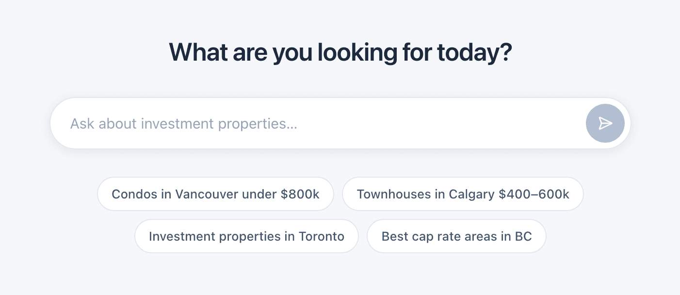 FairSquare AI property search showing a chat interface asking What are you looking for today? with suggested queries