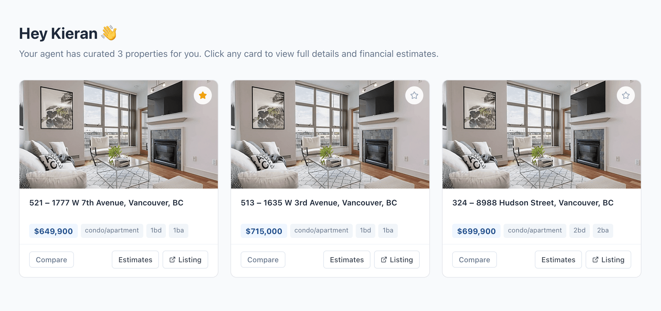 Client-facing FairSquare dashboard showing "Hey Kieran 👋" with 3 curated property cards including address, price, and Compare / Estimates / Listing buttons