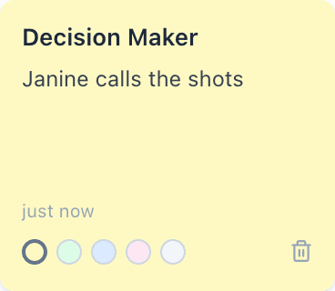FairSquare sticky note card showing "Decision Maker — Janine calls the shots" with colour picker and timestamp