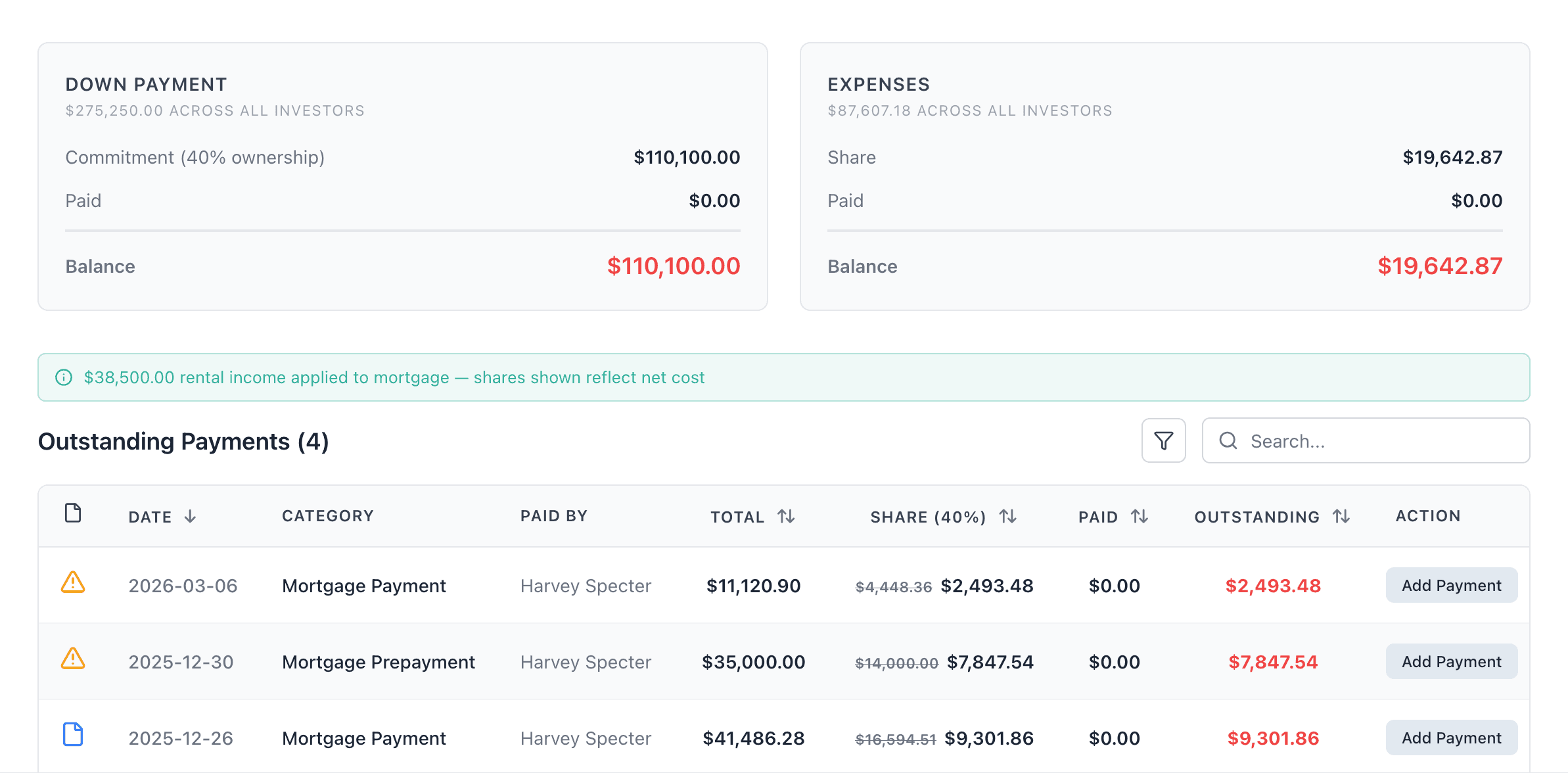 Detail modal showing an investor's down payment commitment, expenses share, and outstanding payment line items